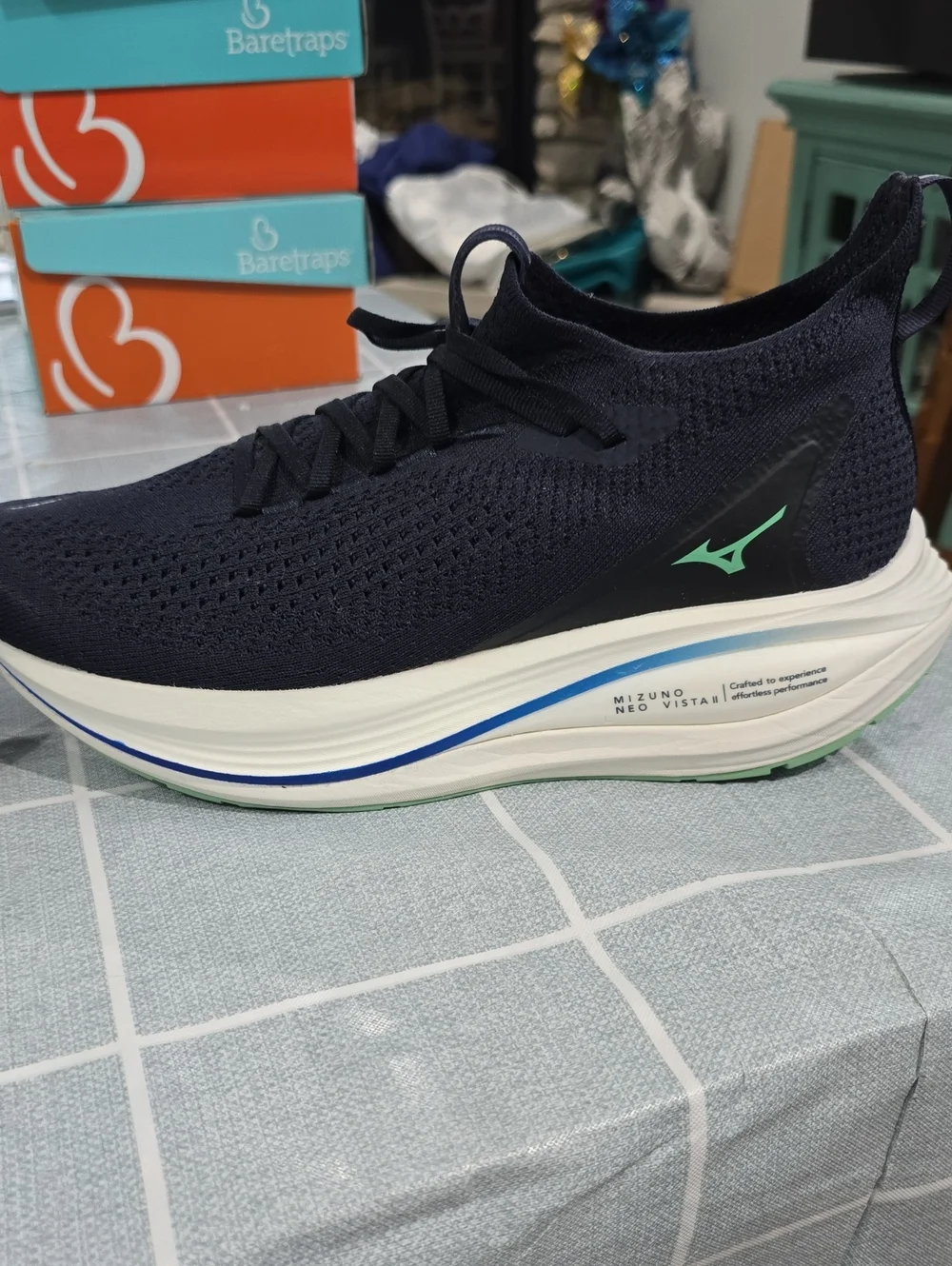 Mizuno Men's Neo Vista II Black Knit Sneakers with Blue and Mint Logo Accents